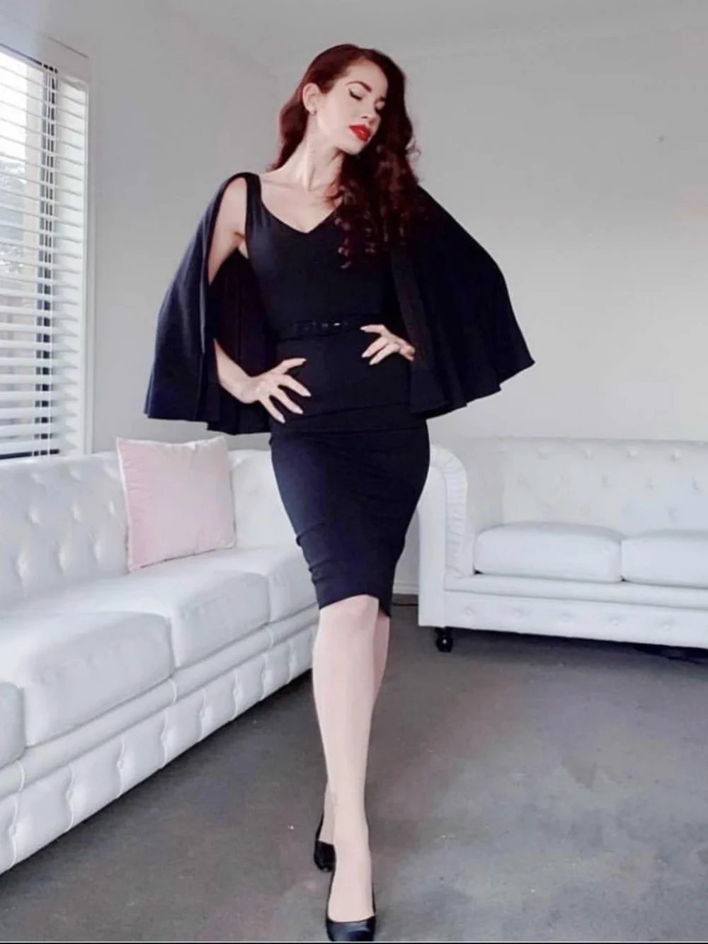 Classic Black V-Neck Sheath Dress with Cape Sleeve - Picture 9 of 9